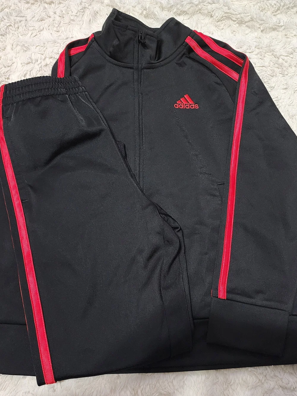 adidas Black Track Jacket and Pants with Red Stripe Accents